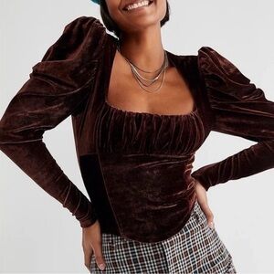 Free People Hold Me Velvet Long Puff Sleeve Top in Brown